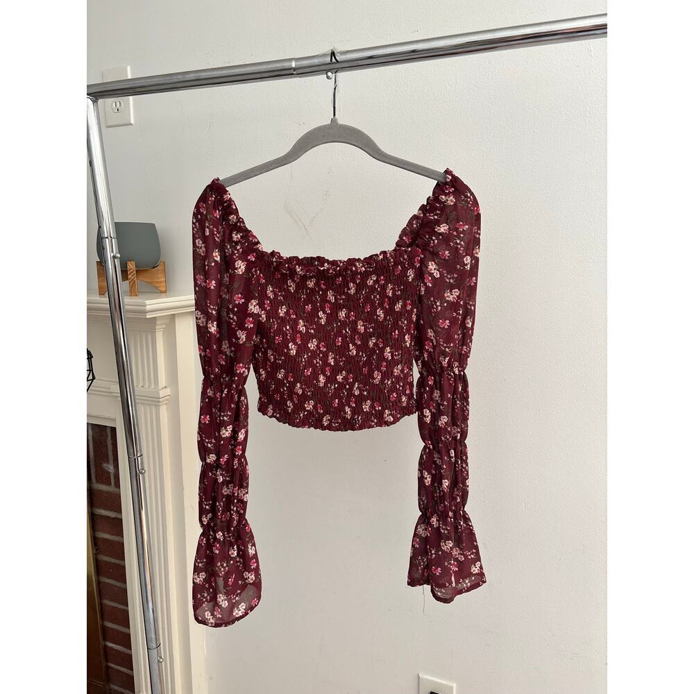 Wild Fable Floral Smocked Crop Top XS Burgundy Long Sleeve Cottagecore Blouse - Picture 12 of 12